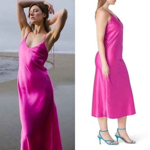 O.P.T. 90s Y2K Barbie Hot Pink‎ Satin V-Neck Sleeveless Midi Slip Dress Size M - Picture 2 of 13
